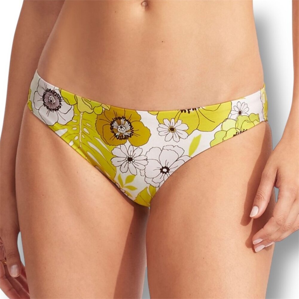 Seafolly US 6 Summer of Love Hipster Bikini Bottom Yellow Floral‎ Swim Wild Lime